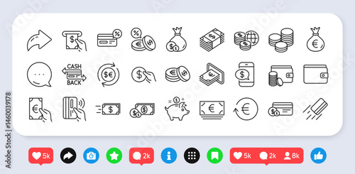 Money wallet line icons. Social media: share, comment, like icons. Set of Cash, Credit card and Coins icons. Banking, Currency exchange and Cashback service. Vector