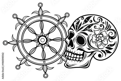 60 Intricate sugar skull, Day of the Dead design, ornate floral patterns, symmetrical mandala, black and white illustration, highly detailed swirls, circular composition, gothic aesthetic, Mexican fol