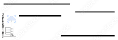 Cloud server connected to gear icon representing data integration. Black lines framing content ideal for technology, cloud computing, innovation, IT solutions, data analytics, software, simple