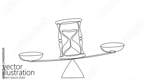Balance scale shows hourglass with two bowls. Scales symbolize time balance and decision. Useful illustration for finance legal or life coaching blogs. Line art minimalist style with white background