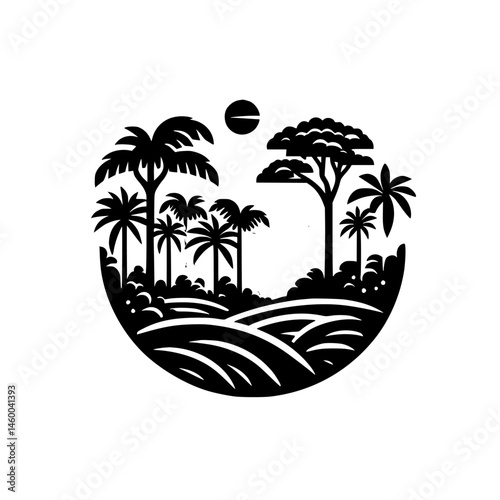 Tropical Landscape Silhouette in a Circular Frame