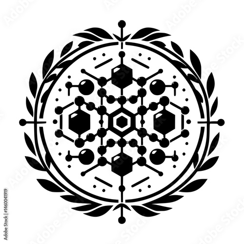 Molecular Structure Emblem: Black and White Geometric Ornament