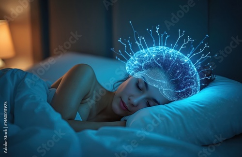 Young woman sleeps peacefully. Glowing digital brain visualization for dream research, neuroscience, sleep tech, cognitive science, AI applications. Concepts of mind, consciousness, mental health, photo