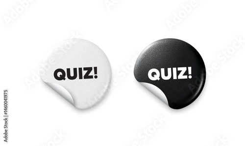 Quiz sticker tags. Glitter paper price badge. Quiz tag. Answer question sign. Examination test symbol. Offer round sticker. Promo banner. Vector
