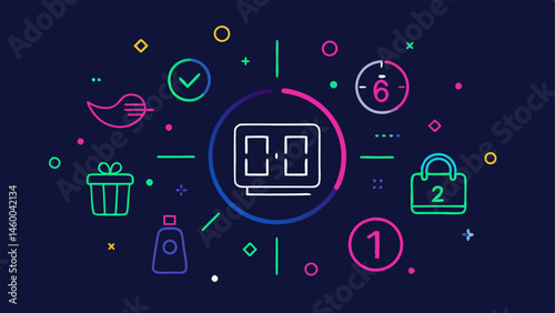 Neon Countdown Timer A neonstyle countdown timer set against a dark background surrounded by icons of popular online shopping items like clothing electronics and gadgets.