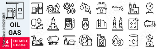 Oil gas line web icons. Contains such Icons as Gas Station, Oil Factory, Transportation. industry. Editable Stroke