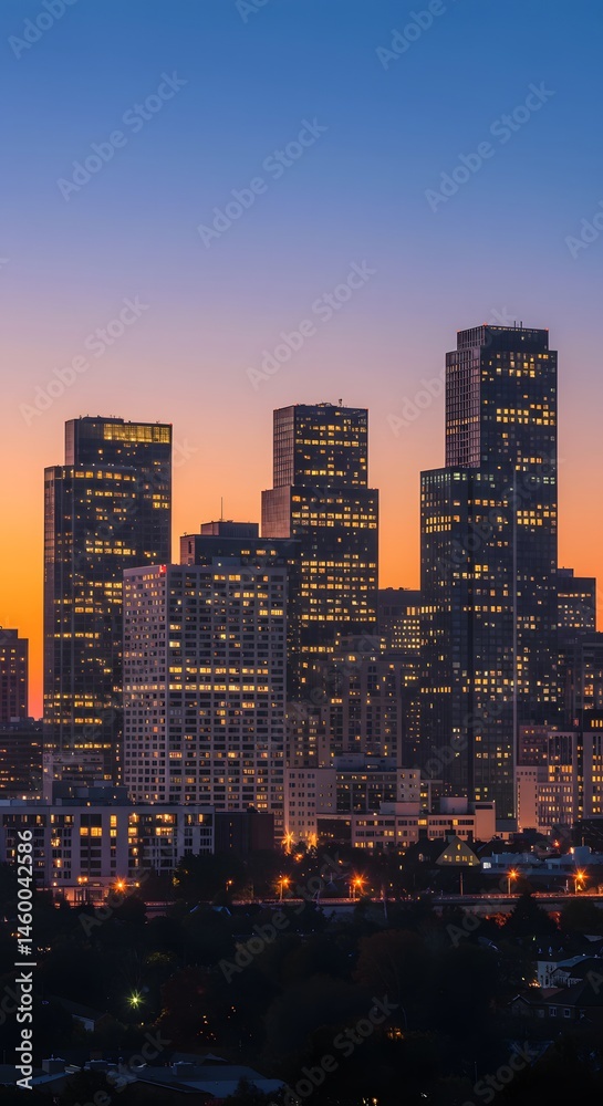 Naklejka premium Horizontal city skyline at dusk featuring modern towers with lights 