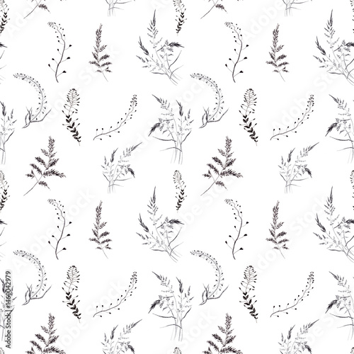 Seamless pattern. Field herbs on a white background. Floral composition. Abstract wallpaper with floral motifs. Use for printed products, signs, posters, postcards, packaging.