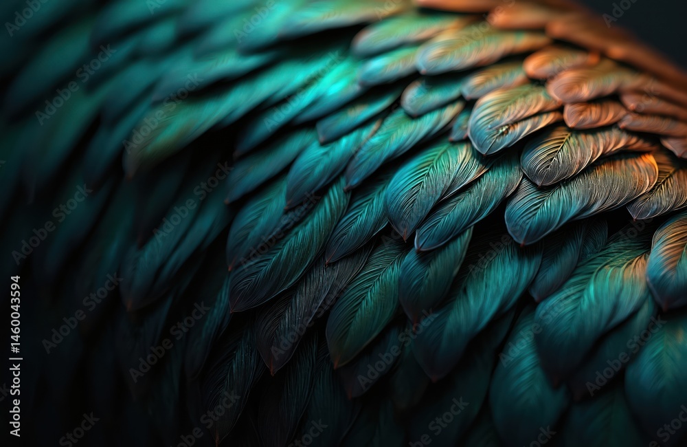 Fototapeta premium Abstract image of rooster feathers. Close-up shows intricate details of plumage with vibrant green and bronze metallic colors. Nature background, artistic composition for designers and editors.