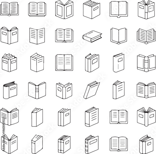 Set of 40 Minimalist Line Art Book Icons — Outline Book Illustrations in 8x5 Grid Layout on White Background

