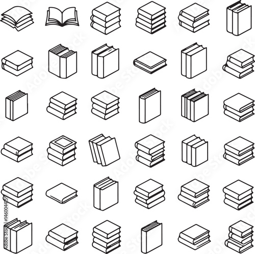 Set of 40 Minimalist Line Art Book Icons — Outline Book Illustrations in 8x5 Grid Layout on White Background


