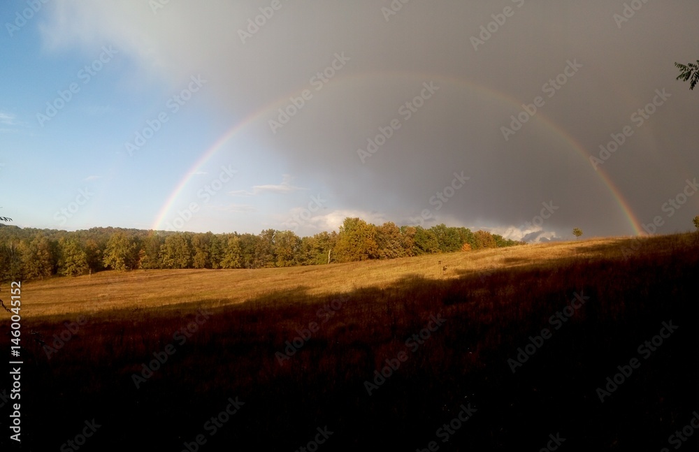 Naklejka premium Atmospheric panoramic photo of a rainbow. Forest, field of rainbow, cloudy