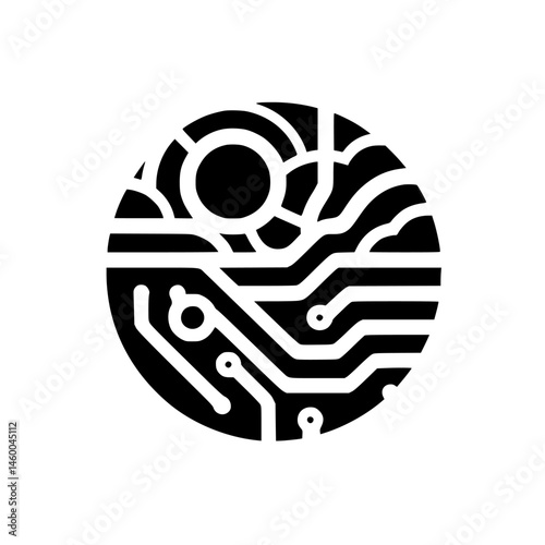 Abstract Circuitry Sunset Design, Black and White Minimalist Circle
