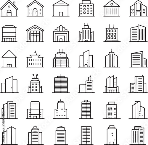 Set of 4 Line Art Building Icons — Minimalist Architecture and Structure Icons on White Background

