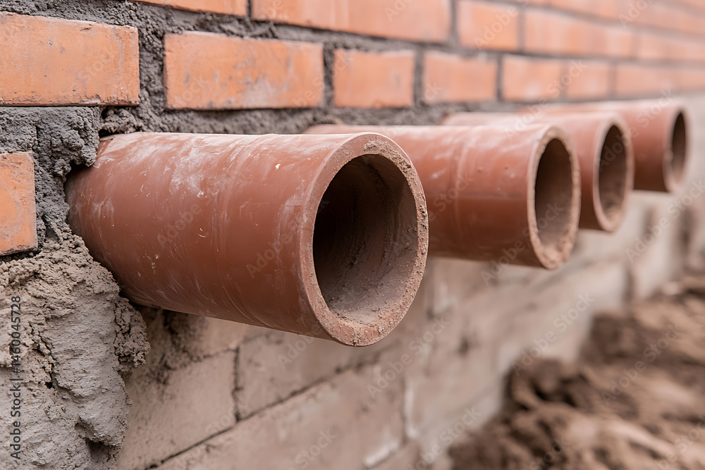 Row of pipes inserted into brick wall during construction. A close-up highlighting the details of brickwork and pipe installation, typical of building's infrastructure. Row of pipes inserted into brick wall during construction. A close-up highlighting the details of brickwork and pipe installation, typical of building's infrastructure.