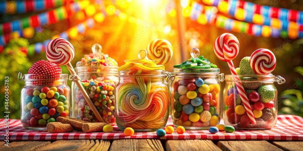 Fototapeta premium A Colorful Assortment of Sweets Arranged in Glass Jars on a Red and White Checkered Tablecloth
