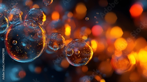 A close up view of water droplets with orange and blue bokeh lights in the background