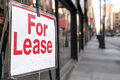 Real estate available for lease is advertised on a sidewalk in an urban setting. The sign reading 