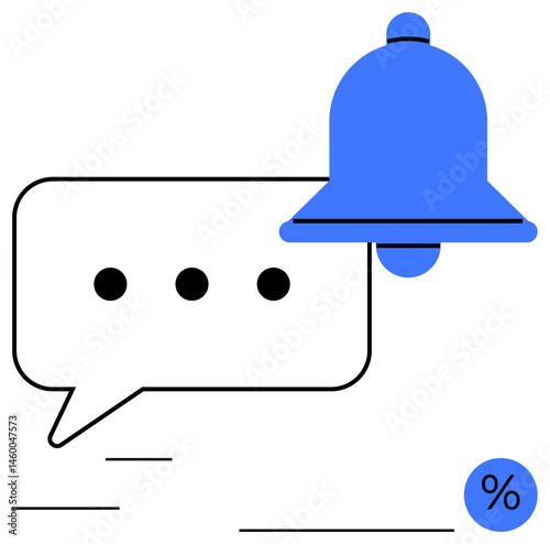 Chat bubble with three dots and a blue notification bell overlapping a percentage symbol. Ideal for communication, updates, notifications, messaging, alerts, information sharing, reminders. Flat