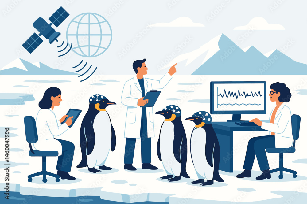 Obraz premium Flat polar-research scene with penguins, EEG caps, and tracking dish