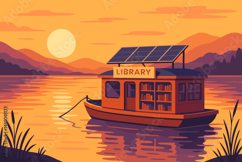 Flat edu-green scene with PV roof, open books, and orange reflection