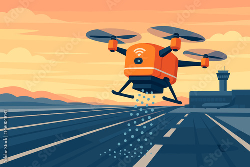 Flat winter-safety scene with drone spreader, runway lights, and pink sky