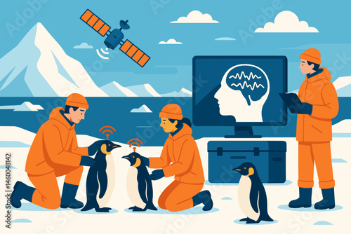 Flat polar-research scene with penguins, beacon collars, and ice plain