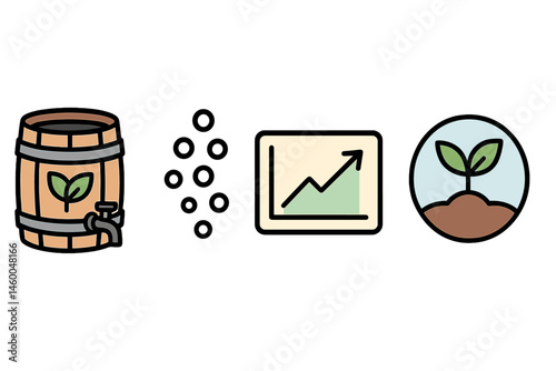 Tea-garden icons merging barrel, bubbles, graph, and badge