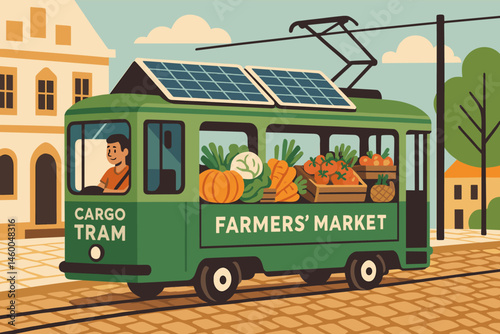 Flat clean-logistics scene with PV tram, crates, and historic façades