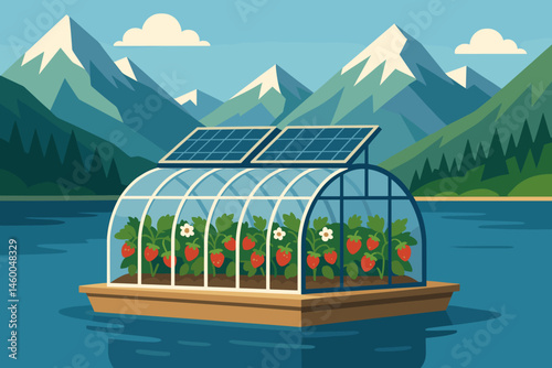 Flat ag-tech scene with PV rafts, strawberry rows, and snowy peaks