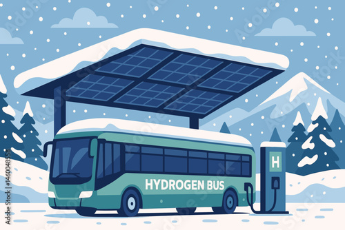 Flat clean-transit scene with H₂ buses, snowy PV roofs, and frosty breath