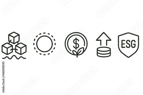 Green-finance icons linking wave, halo, coin, arrow, badge