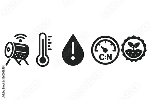 Compost-IoT icons linking drum, ladder, droplet, gauge, badge