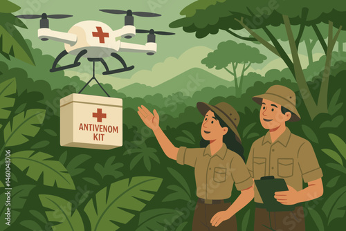 Flat rescue-tech scene with drone pod, canopy platform, and dense jungle