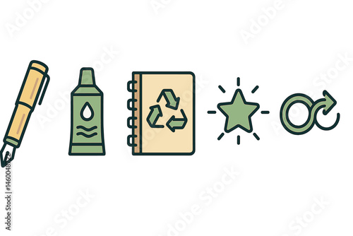 Stationery-eco icons linking pen, cartridge, notebook, star, arrow