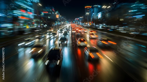 City street at night with blurred car lights and motion blur showing traffic in the city center