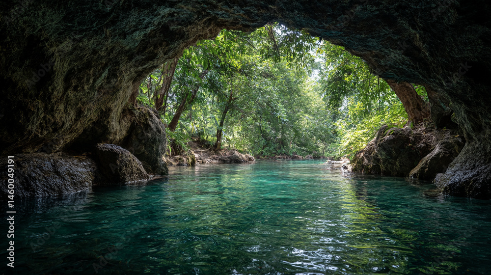 Naklejka premium Explore the enchanting cave river: a serene landscape of turquoise water and lush greenery scenery view