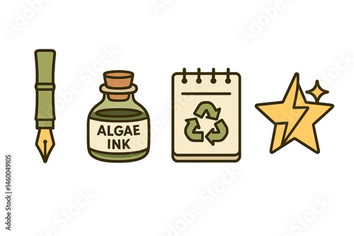 Stationery-green icons linking pen, vial, pad, star