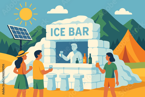 Flat cool-tech scene with snow blocks, PV chillers, and festival flags
