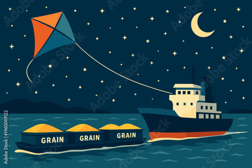 Flat clean-shipping scene with kite wing, barge line, and stars