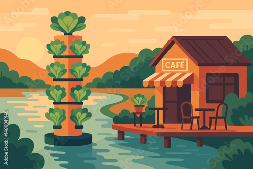Flat ag-tech scene with hydro towers, river glow, and breakfast crowd
