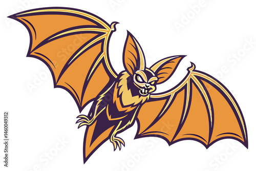 61 Stylized bat illustration, large pointed ears, wide-spread wings, orange and brown color scheme, symmetrical design, fierce expression, cartoon style, vector art, Halloween themed, detailed wing me