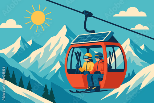 Flat clean-mobility scene with PV gondola cabins, skiers, and bright ice