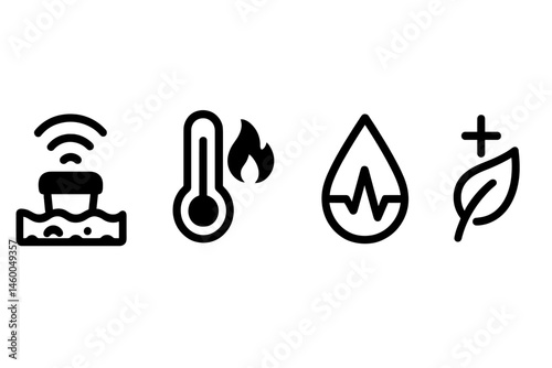 Compost-IoT icons linking beacon, bar, droplet, leaf
