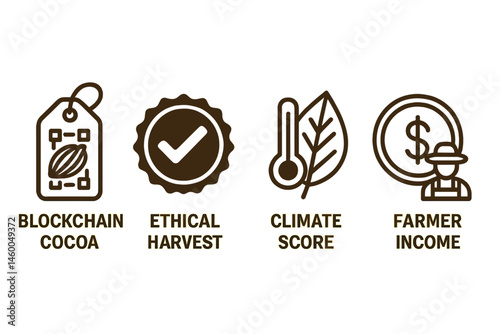 Cocoa-trace icons merging tag, seal, leaf, coin