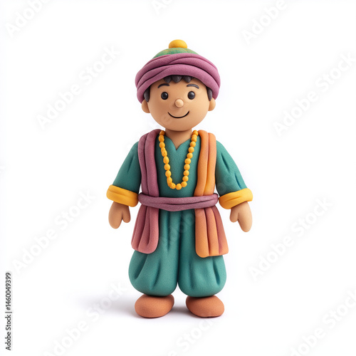 Smiling clay Middle Eastern child in traditional outfit on white background