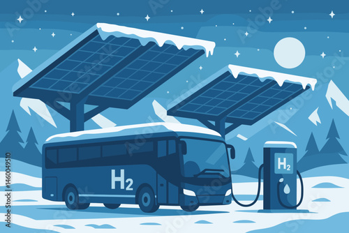 Flat clean-transit scene with H₂ buses, frosted PV roofs, and blue dusk