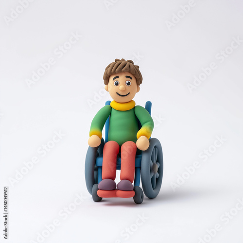 Smiling clay boy in wheelchair on white background