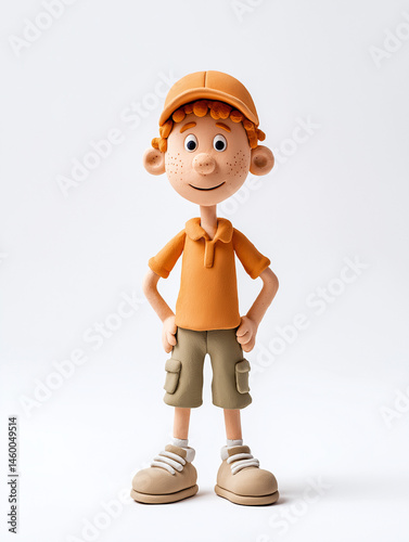 Smiling clay Caucasian boy in casual clothes on white background