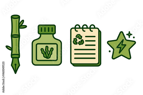 Writer-eco icons linking pen, bottle, pad, and star